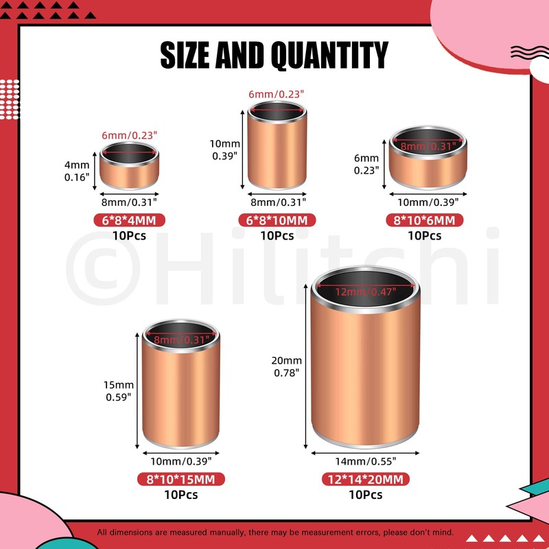 Hilitchi 50PCS 5 Sizes Sleeve Bearing Plain Bearings Wrapped Oil-Less