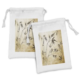 Ambesonne Asian Themed Fabric Pouch Set of 2, Gradient Color Inspired Leaves and Root Structure Look Travelers Print, Small Drawstring Bag for Toiletries Masks and Favors, 9" x 6", Brown and Cream