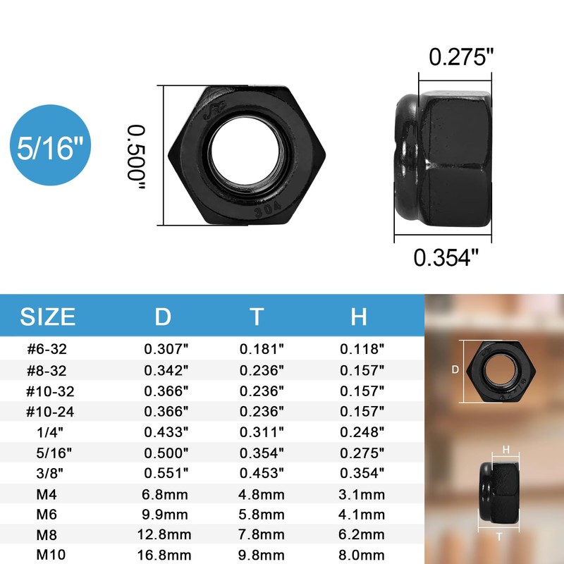 20PCS 5/16"-18 Lock Nuts,304 Stainless Steel,Black Oxide Nylon Insert Locknuts