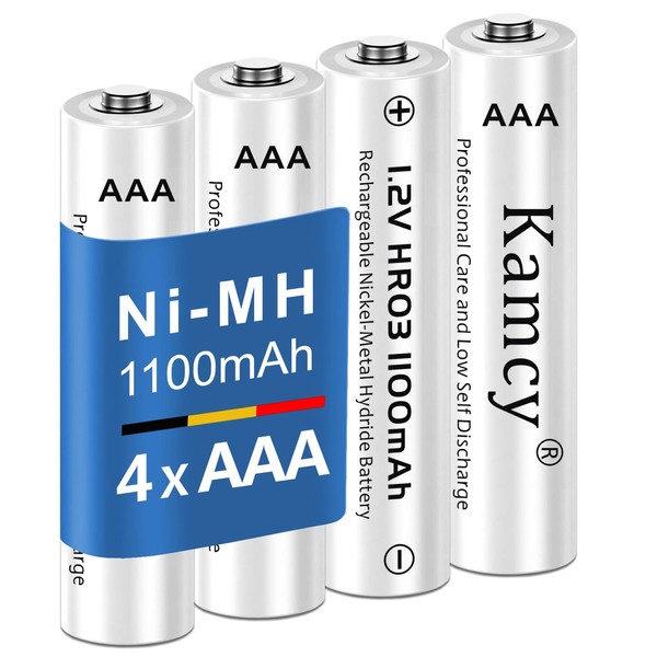 KAMCY - Pilas AAA recargables de 1100 mAh NiMH Triple AAA, recargables, pilas AAA universales precargadas, batería AAA de 1,2 V para una alimentación duradera, 4 unidades (paquete de 1)