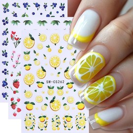 Summer Nails Stickers Spring Nails Sticker 3D Embossed Fruit Self Adhesive Sticker Strawberry Lemon Designs Nail Decals Colorful Nail Art Decals Summer Decals for Nail DIY Manicure 5Sheets