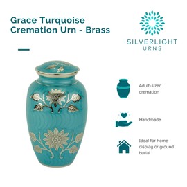 Grace Turquoise Cremation Urn for Ashes, Brass, Blue Green Urn, Adult Sized Cremation Urn, 10.25 Inches High