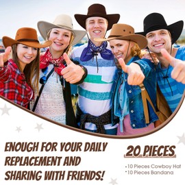 Coume 20 Pcs Cowboy Hats and Bandanas Bulk Adult Cowboy Cowgirl Hats Costume Party Rodeo Birthday Party for Men Woman(Multicolored,Vintage Style)