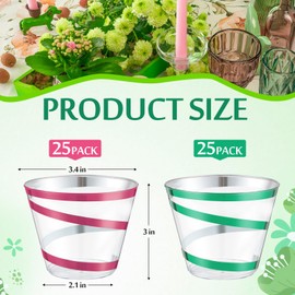 Gejoy 9 oz Rimmed Swirl Plastic Cups Disposable Wine Drinking Cups Clear Elegant Wedding Tumblers for Engagement Single Party Supplies(Pink, Green)