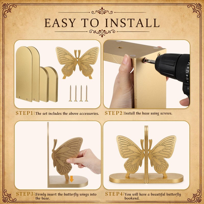 Wooden Butterfly Bookends, Solid Wood, Gold Finish Book Ends, Pair