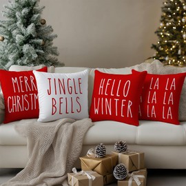 Grtfcolr Christmas Saying Throw Pillow Cover, 18 x 18 Inch Merry Christmas Jingle Bells Hello Winter FA La La Holiday Cushion Couch Living Room Bed Outdoor Accent Pillows Set of 4