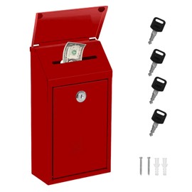 Sevenuncles Metal Donation Box Collection Box Safe Suggestion Drop Box with Lock Wall Mounted Mailbox with Rain Cover Delivery Ballot Box with Slot for Outside Home Office (Red)