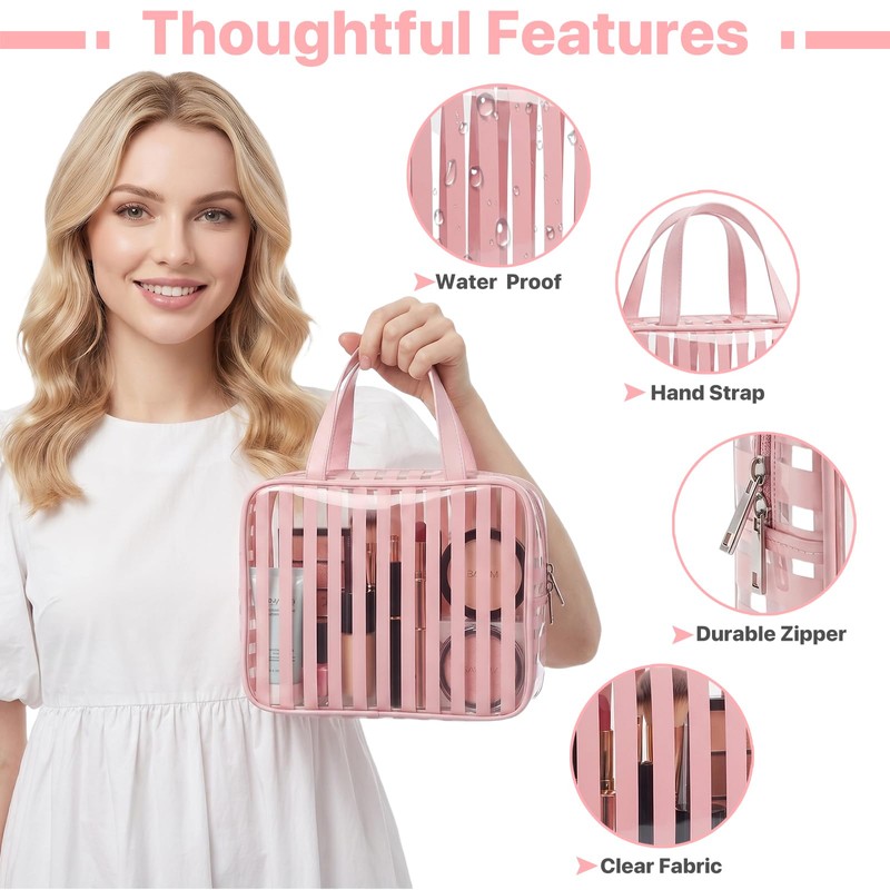 Edelefas Clear Pink Striped PVC Makeup Bag, Large 10.2 x