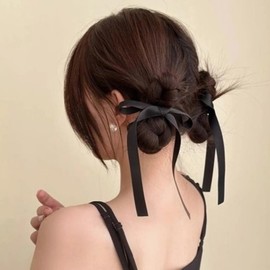 Space Buns Hair Extension Black Bow Braid Bun Synthetic Black Hair Barrette Women Ponytail Hair Accessories 2 Pcs