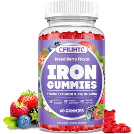 CFILIHTC Gomitas de hierro para mujeres y hombres: suplemento de hierro con vitaminas B6, B12, C, zinc y folato para adultos y niños. Ayuda a combatir la deficiencia de hierro, la anemia y aporta ener