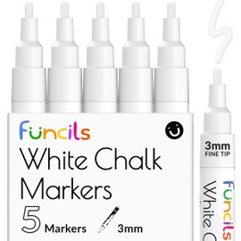 Funcils White Chalk Pens for Blackboard, Washable, (Pack of 5, 3 mm) Chalk Pen, White for Windows and Blackboard, Ideal as White Chalk Markers, Thin White Chalk Pens, Glass Pen, Washable, Chalk