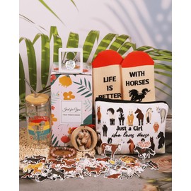 TAOVEEK Horse Lover Gift Set, 7PCS Horse Gift for Girls for Birthday Christmas, Horse Lovers Gifts Box with Horse Glass Cup Makeup Bag Socks Bracelet Ornament Keychain