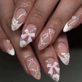 White French Press on Nails Medium Almond QUNQINLI False Nails Glossy Acrylic Fake Nails Press Ons with 3D Bow Pearl Flowers Design Gel Glue on Nails Nude Stick on Nails for Women 24 Pcs