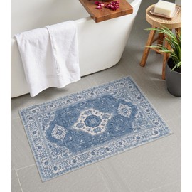 Seavish Blue Boho Bathroom Rugs, 18x26 Inch Vintage Distressed Absorbent Bath Mat, Small Non Slip Washable Bath Rug for Sink Shower Vanity, Soft and Comfortable Oriental Bathroom Floor Mat