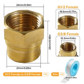 Lyeteung G1/2 to G3/8 Brass Reducing Sleeve, Female Thread Fitting Brass Fittings, Brass Reducing Coupling Connector, with Plumbers Tape, for Pipe Connection