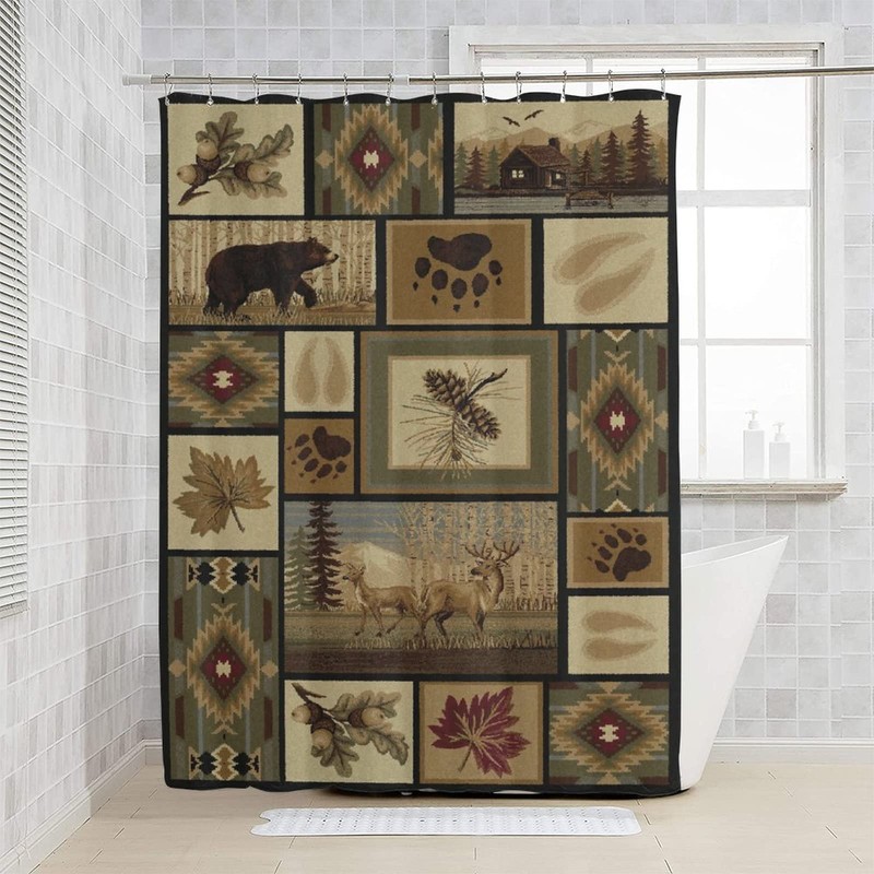 Retro Rustic Shower Curtain, Moose Deer Bear Leaf Tree Country