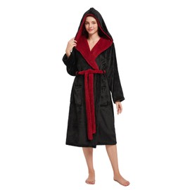 Lagtew Womens Hooded Robe,Plush Fleece Soft Robe for Women,Cozy Warm Bathrobe,Spa robe With Pockets,BLACK+BURGUNDY,L/XL