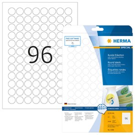 HERMA 4386 Universal Etiketten ablösbar rund, 25 Blatt, Ø 20 mm, 96 pro A4 Bogen, 2400 Stück, selbstklebend, bedruckbar, matt, blanko Papier Klebeetiketten Aufkleber, weiß
