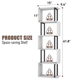 Gadroad Gadroad 5-Tier Bookshelf, Narrow S-Shaped Geometric Bookcase, Wood Decorative Storage Shelving, Modern Freestanding Display Shelves, Book Shelf Unit for Living Room Bedroom Home Office, White
