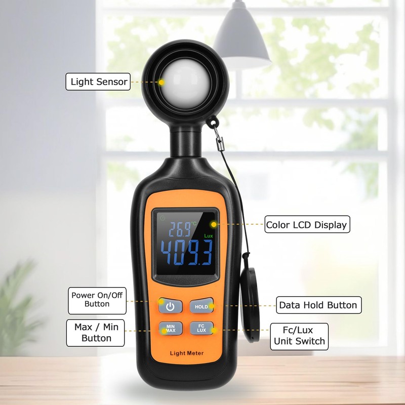 Digital Light Meter,V·Resourcing Handheld Illuminance Meter with Ambient Temperature Measurer,Range