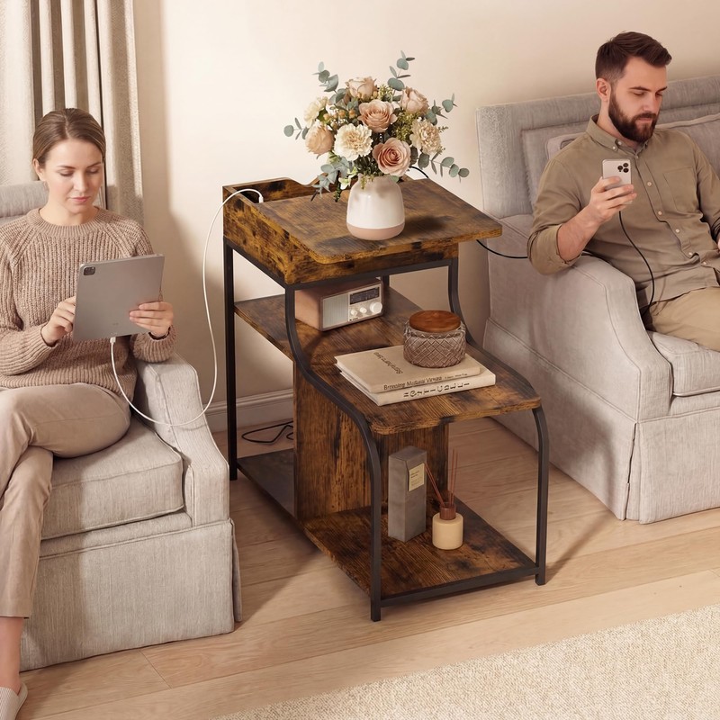 End Table with Charging Station, 3-Tier Sofa Side Table Sliding