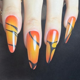 Redykat Soft Gel 24PCS Extra Long Stiletto Glossy Press On Nails, Orange Aura False Nails, Orange and Black Lines Designed Nails for Extra Wide Nail beds, Salon Quality Nail Art