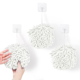 Bagentry 3 Pcs Fluff Fuzzy Ball Hand Towel with 3 Hooks, Quick Dry Hand Towel with Hanging Loop, Decorative Towels for Bathroom Kitchen (White)