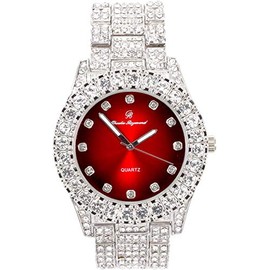 Charles Raymond Bling-ed Out Round Metal Mens Color on Blast Silver Tone Watch with Diamond Time Indicators - Ice on Fire!!! - ST10327DxxS (Silver Blood Red)