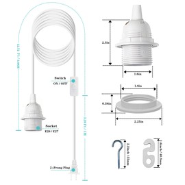 Zarnicy Plug in Light Socket - 16Ft Pendant Light Cord Kit E26/E27 Light Socket Hanging Lantern Lamp Cord with On/Off Switch,Socket Rings, 2 Pack, White