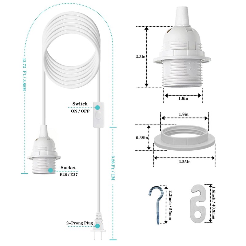 Zarnicy Plug in Light Socket - 16Ft Pendant Light Cord