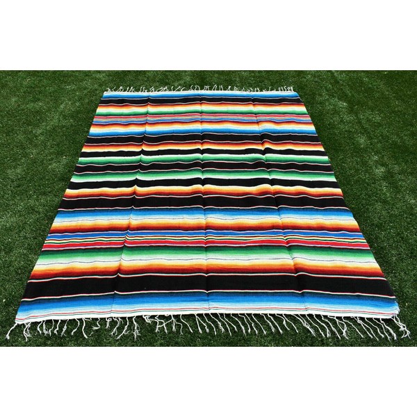 Black Saltillo Serape Striped Fringed Table Runner Rug Blankets mexican outdoor.