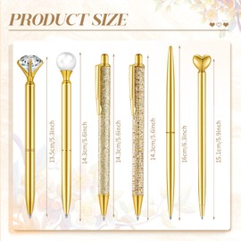 Qeeenar 6 Pcs Ballpoint Pens Set Metal Crystal Diamond Pen for Journaling Glitter Pretty Cute Stationery Black Ink Fancy Gifts for Women Girls Teacher Office Wedding School Supplies(Gold)