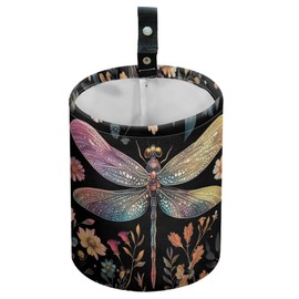 DELORIGIN Dragonfly Flower Car Trash Can Waterproof Garbage Can Car-Seat Back Hanging Trash Bag Portable Camping Waste Bin Storage Bag Collapsible Rubbish Container for Women Man Car (5.9" W,7.2" H)