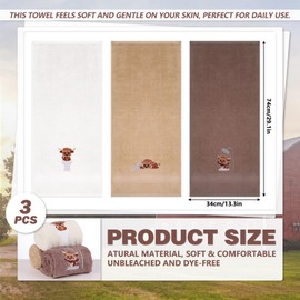 3 Pcs Highland Cow Hand Towels 13x29 Inch Embroidered Highland Cow Kitchen Decor Cotton Soft Absorbent Facecloth Farmhouse Kitchen Bathroom Decor