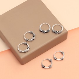 LeCalla 925 Sterling Silver Tribal Bali Hoop Earrings for Women | Balinese Art Inspired Tribal Hoops | Round Sleeper Balinese Twisted Rope Endless Hoop Earrings | 3 Pairs of Bali-Style Earrings Set