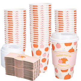 Whaline 50Pcs Fall Thanksgiving Pumpkin Coffee Cups Disposable Paper Cup with Lids and Sleeves Pink-Orange Pumpkin Paper Drinking Cups for Autumn Restaurant Travel Supplies