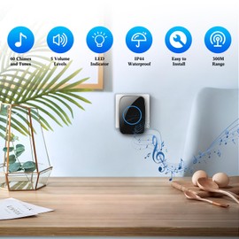 Lostrain Doorbell, Wireless Door Bell Waterproof with 1000ft/300m Operating Range, 60 Chimes, 5 Volume Levels, 2 Plug-in Receivers & 1 Push Button Cordless Doorbell Kit for Home, Office, Room
