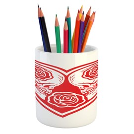 Lunarable Love Pencil Pen Holder, Print of Graphic Heart and 2 Skulls Arranged Along Roses Valentine's Day Theme, Ceramic Pencil Holder for Desk Office Accessory, 3.6" X 3.2", Vermilion White