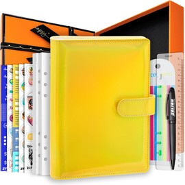 PU Leather Personal Notebook Planner with 80 Pages Loose-Leaf Papers 6 Holes Ring Binder Pen Holder Magnetic Buckle (Holographic Yellow, A5 Gift Box)