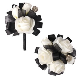 JHCYULUO Ivory Rose Wrist Corsage and Boutonniere Set Artificial Flowers for Wedding Prom Homecoming Groom Bridal Party (Black and Ivory)