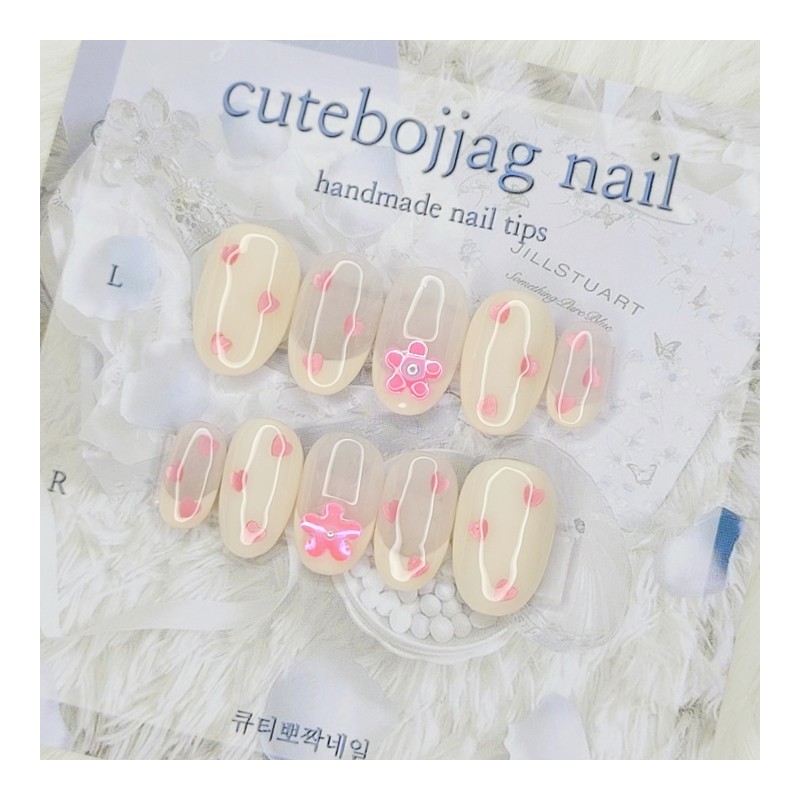 Milky Heart Handmade Nail Tips - Square S / 밀키