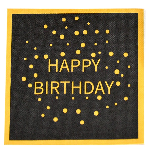 HOME-X Happy Birthday Black and Gold Paper Napkins, Square Party Napkins, 48 Count - 6.5" x 6.5"