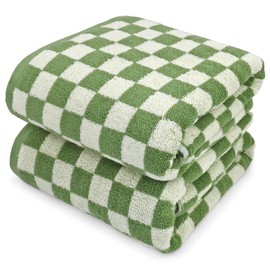Jacquotha Bath Towels Set of 2 - Luxury Shower Towels 55” x 27.5”, Cotton Beach Towel Green Checkered, Absorbent Quick Dry Body Towels 520GSM
