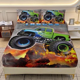 AILONEN Cartoon Green Trucks Fitted Sheet Set Twin XL Size, Monster Trucks Bedding Set for Kids Boys,Extreme Sports Trucks Bed Sheet Set,3 Pieces,1 Fitted Sheet and 2 Pillowcases