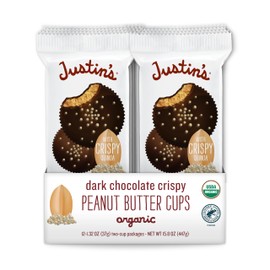 Justins's Organic Crispy Dark Chocolate Peanut Butter Cups, Rainforest Alliance Certified Cocoa, Gluten-free, Responsibly Sourced, 12 Pack (2 cups each)