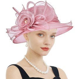 RZTA Women's Kentucky Derby Church Dress Hat Wide Brim Leaf Flower Bridal Shower Hat, F2 Pink Purple, One Size