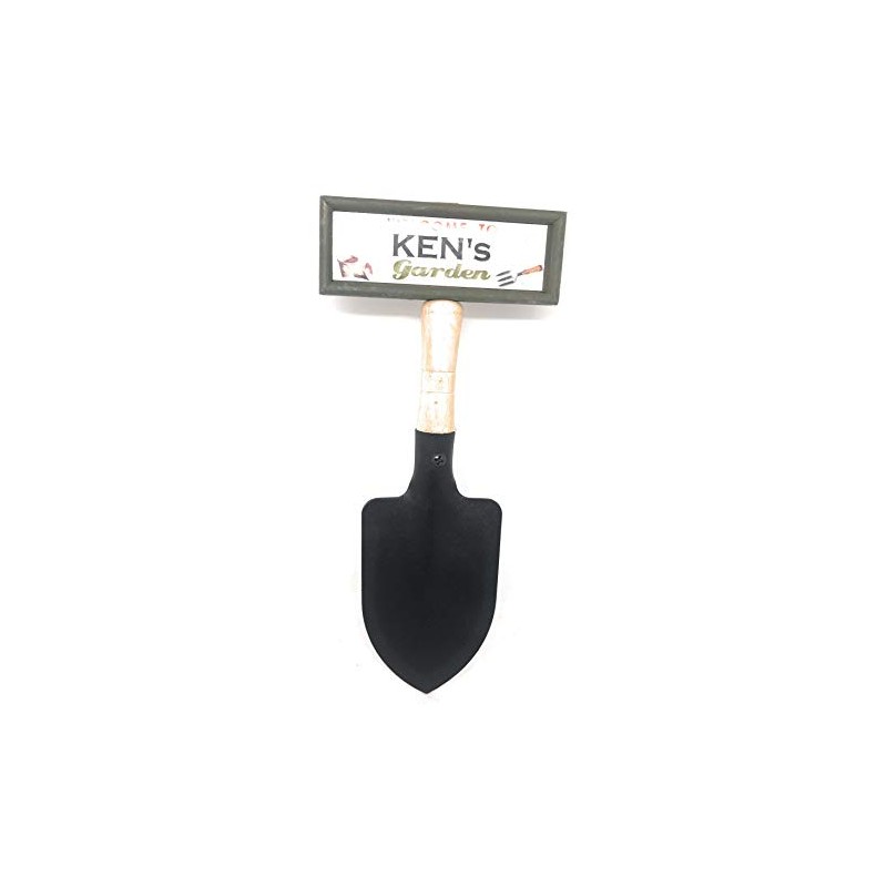 "Welcome to Ken's garden" hanging shovel sign
