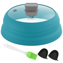 Microwave Cover for Food 10.5 Inch Collapsible Glass Microwave Cover with Handle Silicone Microwave Splatter Cover for Pot Plate Bowl (Blue)