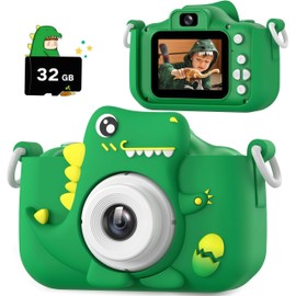 Upgrade Kids Camera for Boys Girls, 1080P HD Digital Selfie Camera with Cute Protective Cover and 32G SD Card, Christmas Birthday Gifts Toys for 3 4 5 6 7 8 9 10 11 12 Years Old (H22-Green)