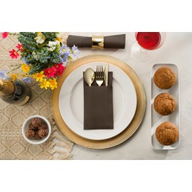 Disposable Linen-Feel Dinner Napkins With Built-in Flatware Pocket, 50-Pack BROWN Prefolded Cloth Like Paper Napkins For Wedding, Dinner Or Party